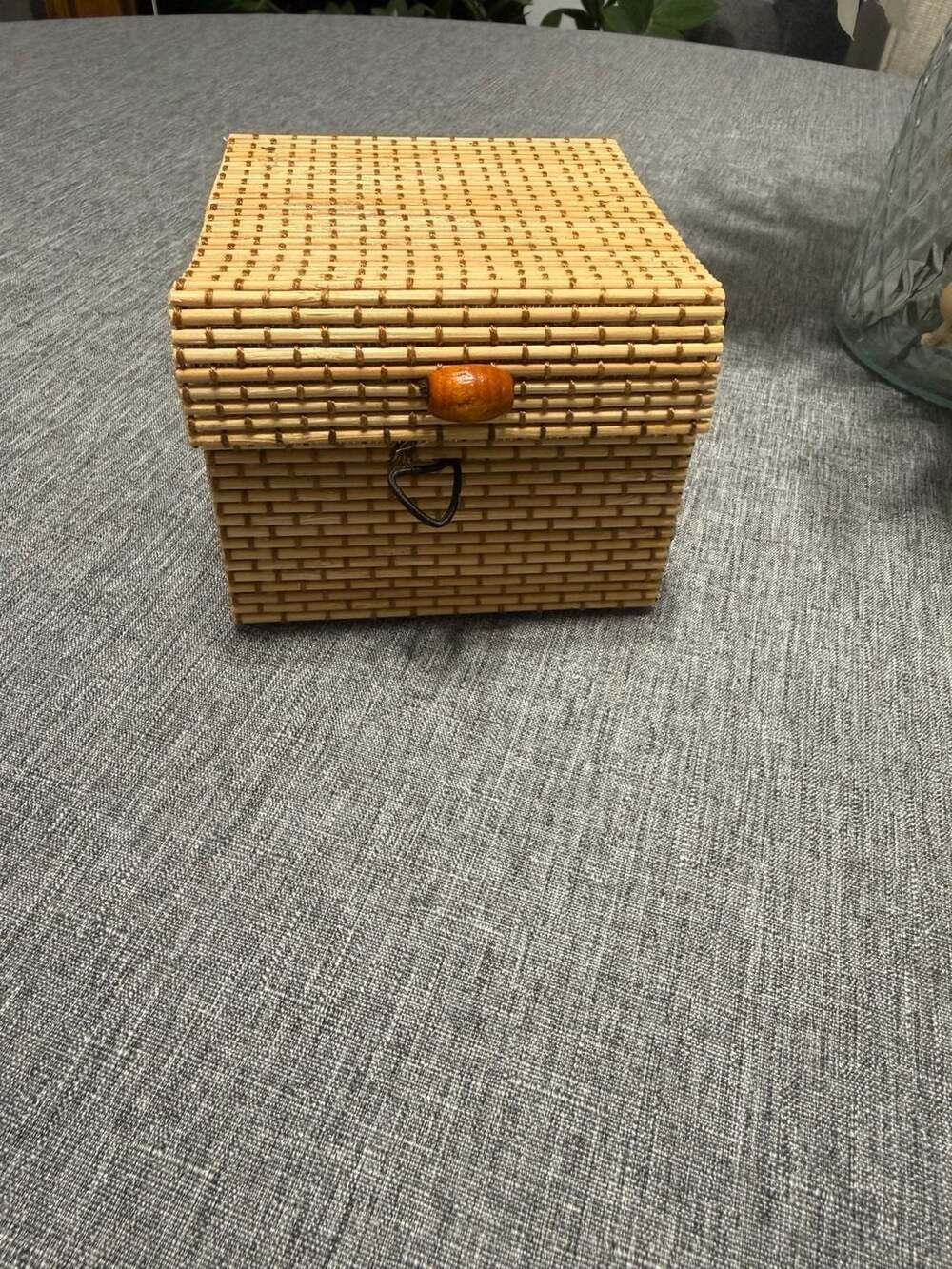 Handcrafted Bamboo Wood and Woven Storage Box with Wooden Bead Button Clamshell